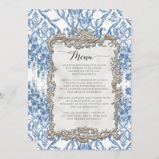 Bloemen  Barok Rococo Blauw Zilver Menu (Voorkant / Achterkant)