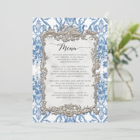 Bloemen  Barok Rococo Blauw Zilver Menu (Staand voorkant)