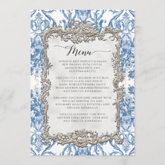 Bloemen  Barok Rococo Blauw Zilver Menu (Voorkant)