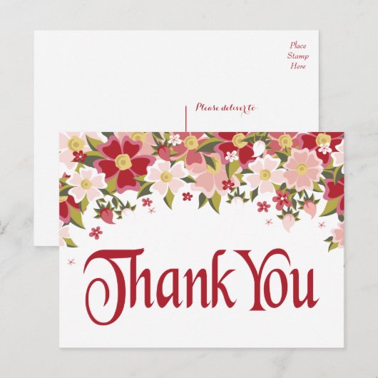 Bloemen Bedankt Rode Bourgogne & Roze Bloem Briefkaart (Voorkant / Achterkant)