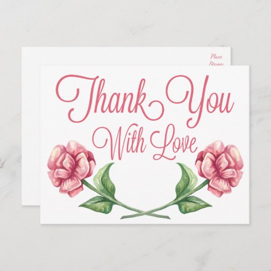 Bloemen Bedankt Waterverf Roze Rozenbloem Briefkaart (Voorkant / Achterkant)