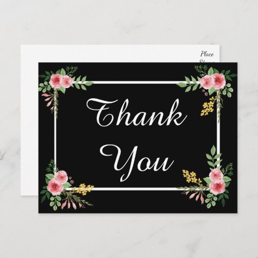 Bloemen Bedankt Zwarte en Roze Roze Bloemen Briefkaart (Voorkant / Achterkant)