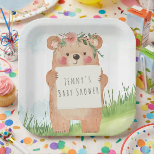 Bloemen Beer Baby Meisje Douche Papier Bord