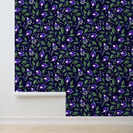 Bloemen behang in Navy en paarse