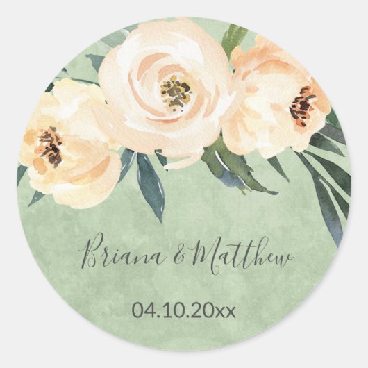 Bloemen Beige Blush en Groene Bruiloft Ronde Sticker (Voorkant)