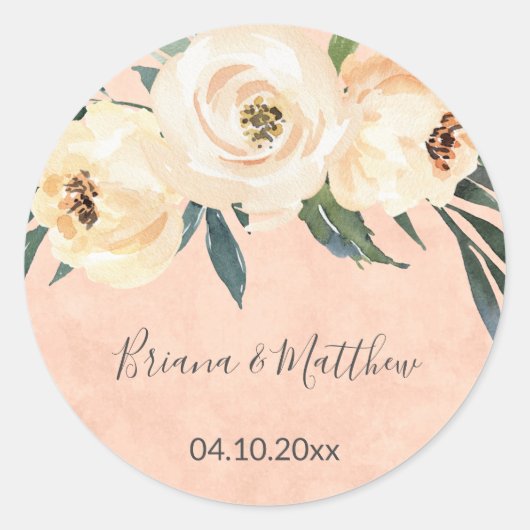 Bloemen Beige Blush Peach Wedding Favors Classic Ronde Sticker (Voorkant)