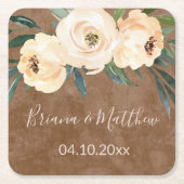 Bloemen Beige Bruin Bruiloft Kartonnen Onderzetters (Voorkant)