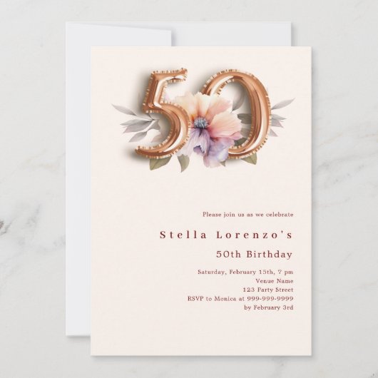 Bloemen beige gouden perzik 50e verjaardag kaart (Voorkant)