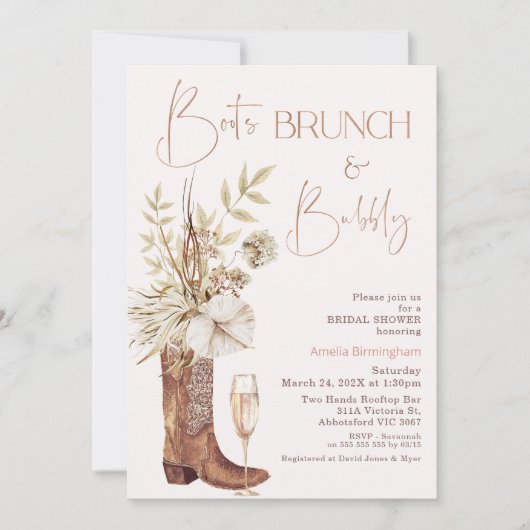 Bloemen Beige Laarzen Brunch Bubbly Vrijgezellenfe Kaart (Voorkant)