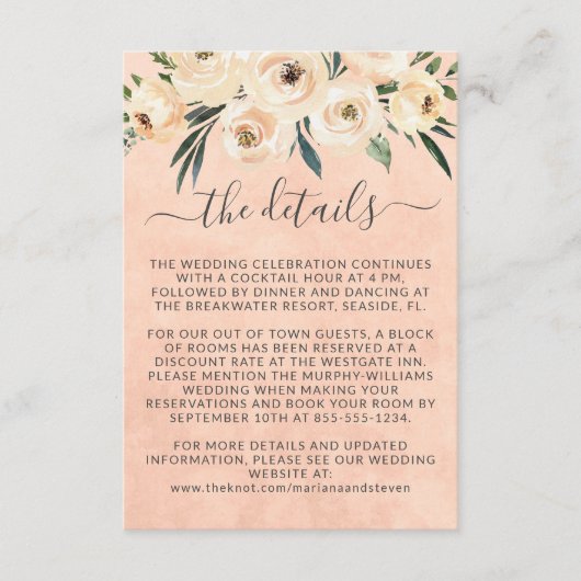 Bloemen Beige Rozen Goud op Roze Bruiloft Informatiekaartje (Voorkant)