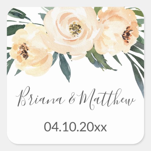 Bloemen Beige Wit Bruiloft Favorieten Vierkant Vierkante Sticker (Voorkant)