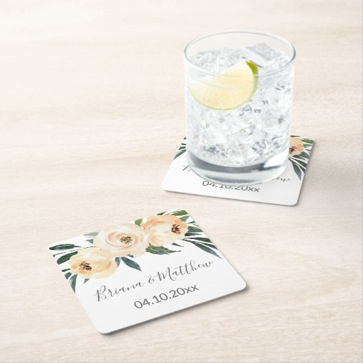 Bloemen Beige Wit Bruiloft Vierkant Papier C Kartonnen Onderzetters (Insitu)