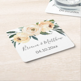 Bloemen Beige Wit Bruiloft Vierkant Papier C Kartonnen Onderzetters
