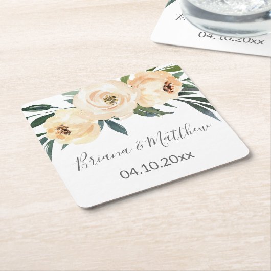 Bloemen Beige Wit Bruiloft Vierkant Papier C Kartonnen Onderzetters (Schuin)