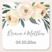 Bloemen Beige Wit Bruiloft Vierkant Papier C Kartonnen Onderzetters (Voorkant)