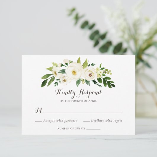 Bloemen Beige Wit Groen Elegant Crest RSVP Kaart (Staand voorkant)