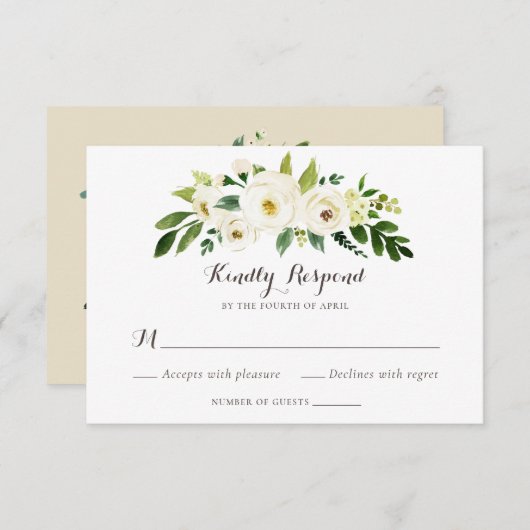 Bloemen Beige Wit Groen Elegant Crest RSVP Kaart (Voorkant / Achterkant)