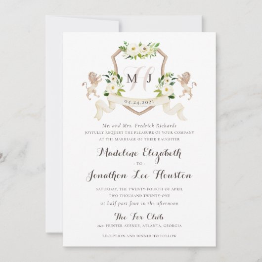 Bloemen Beige Wit groen Elegant Ivoor Crest Kaart (Voorkant)