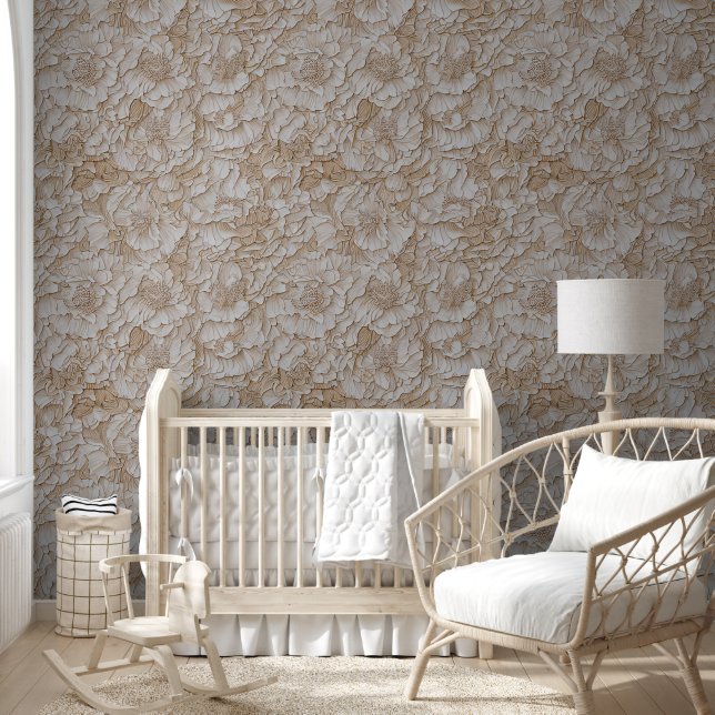 Bloemen beige witte crème pioen roos patroon chic behang (Kinderen)