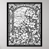 Bloemen & Bergen Glazen in lood raamkleuren Poster (Voorkant)