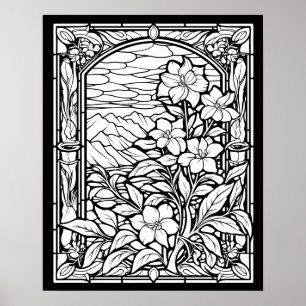 Bloemen & Bergen Glazen in lood raamkleuren Poster