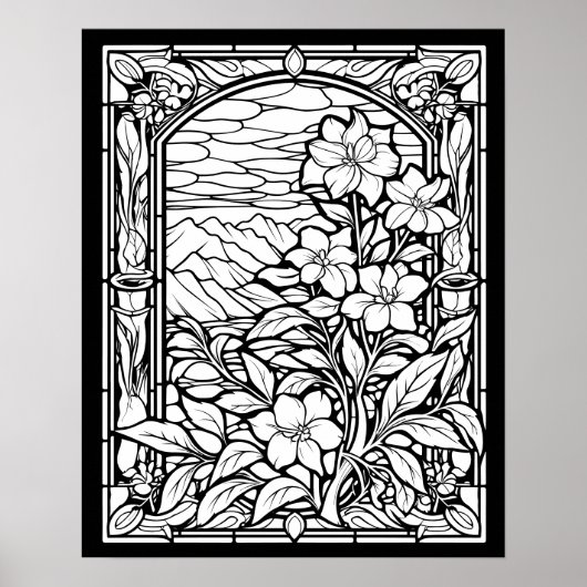 Bloemen & Bergen Glazen in lood raamkleuren Poster (Voorkant)