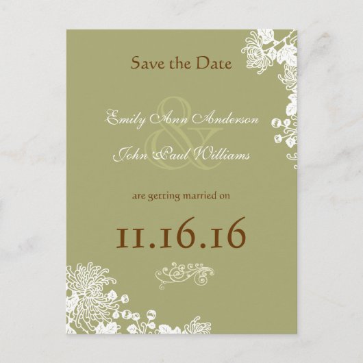  bloemen Bespaar de Datum Olive & Brown Aankondigingskaart (Voorkant)