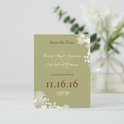  bloemen Bespaar de Datum Olive & Brown Aankondigingskaart (Staand voorkant)
