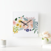 Bloemen, bessen en bladeren Waterverf-klok Vierkante Klok (Huis)