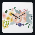 Bloemen, bessen en bladeren Waterverf-klok Vierkante Klok<br><div class="desc">Handbeschilderd ontwerp van de waterverf door Bethany Eden</div>