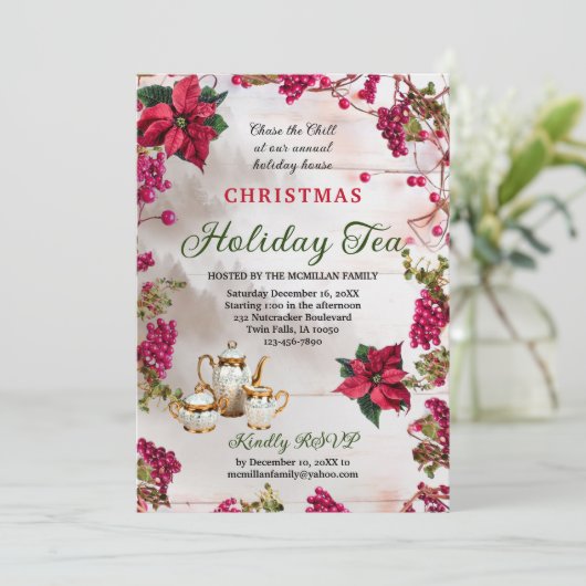 Bloemen & Bessen Kerstvakantie Thee uitnodiging (Staand voorkant)