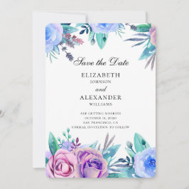 Bloemen bewaren de datum. Paarse en blauwe trouwda Kaart