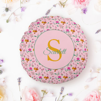 Bloemen bij & bloemen patroon Monogram Naam Rond Kussen