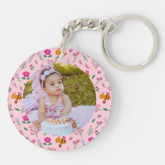 Bloemen bij & bloemen Patroon Roze Monogram Sleutelhanger (Achterkant)