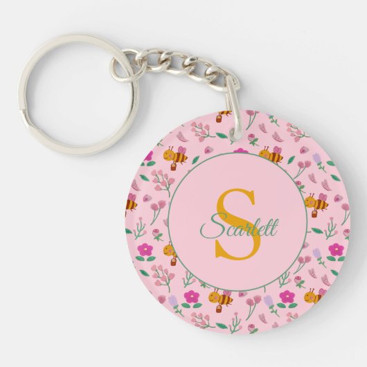 Bloemen bij & bloemen Patroon Roze Monogram Sleutelhanger (Voorkant)