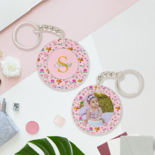 Bloemen bij & bloemen Patroon Roze Monogram Sleutelhanger