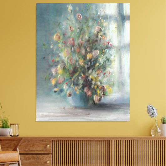 Bloemen bij het raam canvas afdruk (Insitu (Woonkamer))
