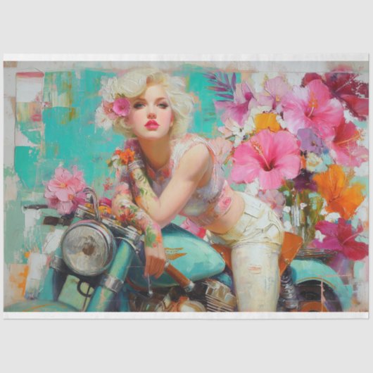  Bloemen Biker Vrouw Decoupage Tissuepapier (Voorkant)