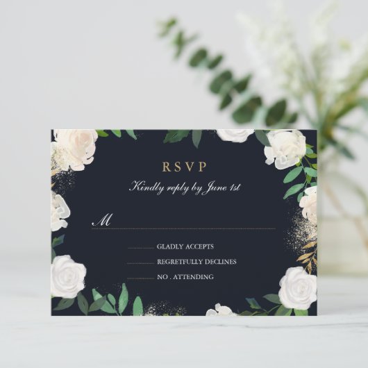 Bloemen Blad Blush Navy Goud Bruiloft RSVP (Staand voorkant)