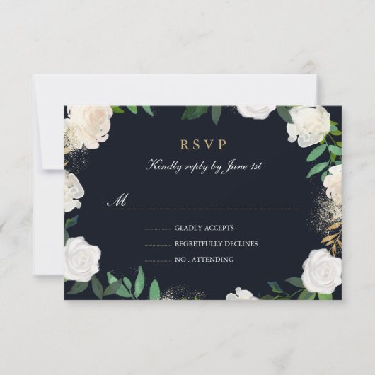 Bloemen Blad Blush Navy Goud Bruiloft RSVP Kaartje (Voorkant)