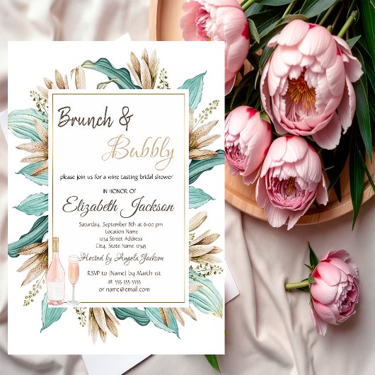 Bloemen Bladeren Brunch & Bubbelige Bruidsdouche Kaart