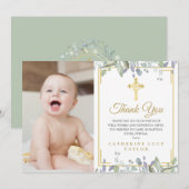 Bloemen Bladeren Gouden Kruis Doop Feest Foto Bedankkaart (Voorkant / Achterkant)