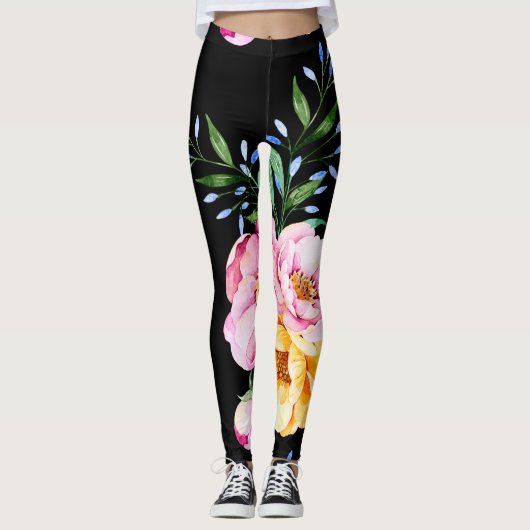 Bloemen & bladeren ontwerp op zwart leggings (Voorkant)