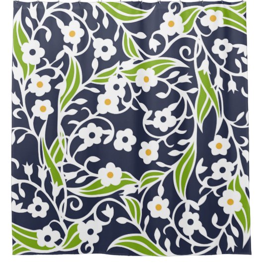 Bloemen, bladeren, wijnstokken, blauw van de marin douchegordijn (Voorkant)