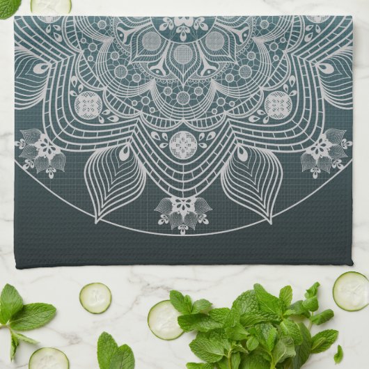 Bloemen, bladeren, witte kant, Floral Mandala op B Theedoek (Gevouwen)