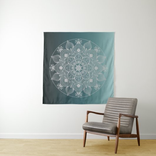 Bloemen, bladeren, witte kant, Floral Mandala op B Wandkleed (In Situ (horizontaal))