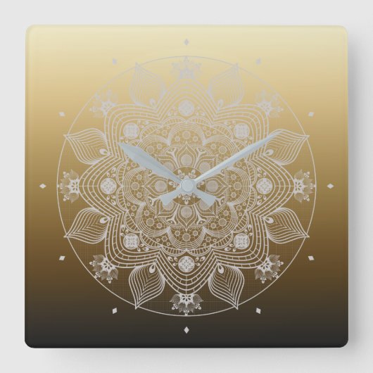 Bloemen, bladeren, witte kant, Floral Mandala op g Vierkante Klok (Voorkant)