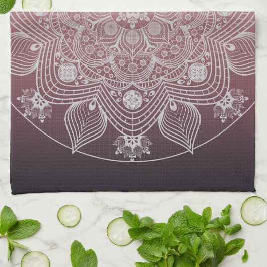 Bloemen, bladeren, witte kant, Floral Mandala op r Theedoek (Gevouwen)