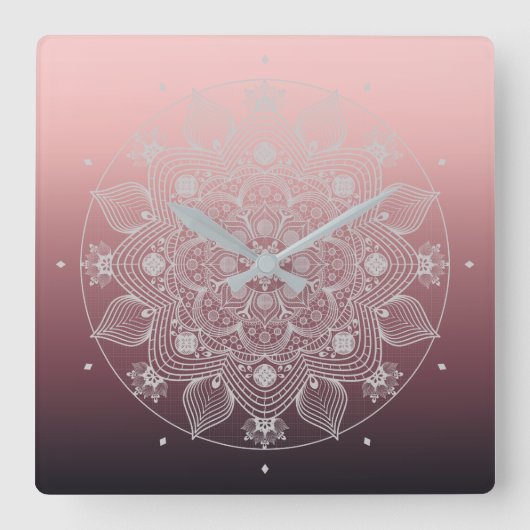 Bloemen, bladeren, witte kant, Floral Mandala op r Vierkante Klok (Voorkant)