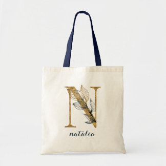 Bloemen Blauw Blauw Blad Plant Monogram Letter "N" Tote Bag